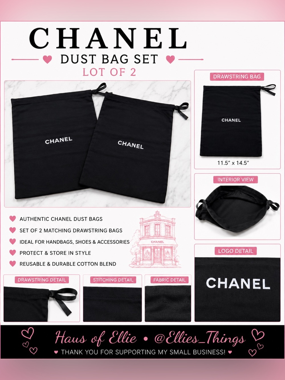 Chanel Black Drawstring Dust Bags Lot of 2 Storage Pouches 11.5” x 14.5”